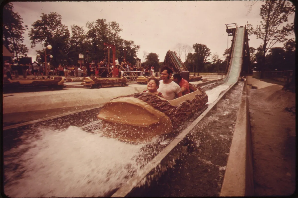Riders on the log flume at the Bob-Lo Island amusement park, June 1973.