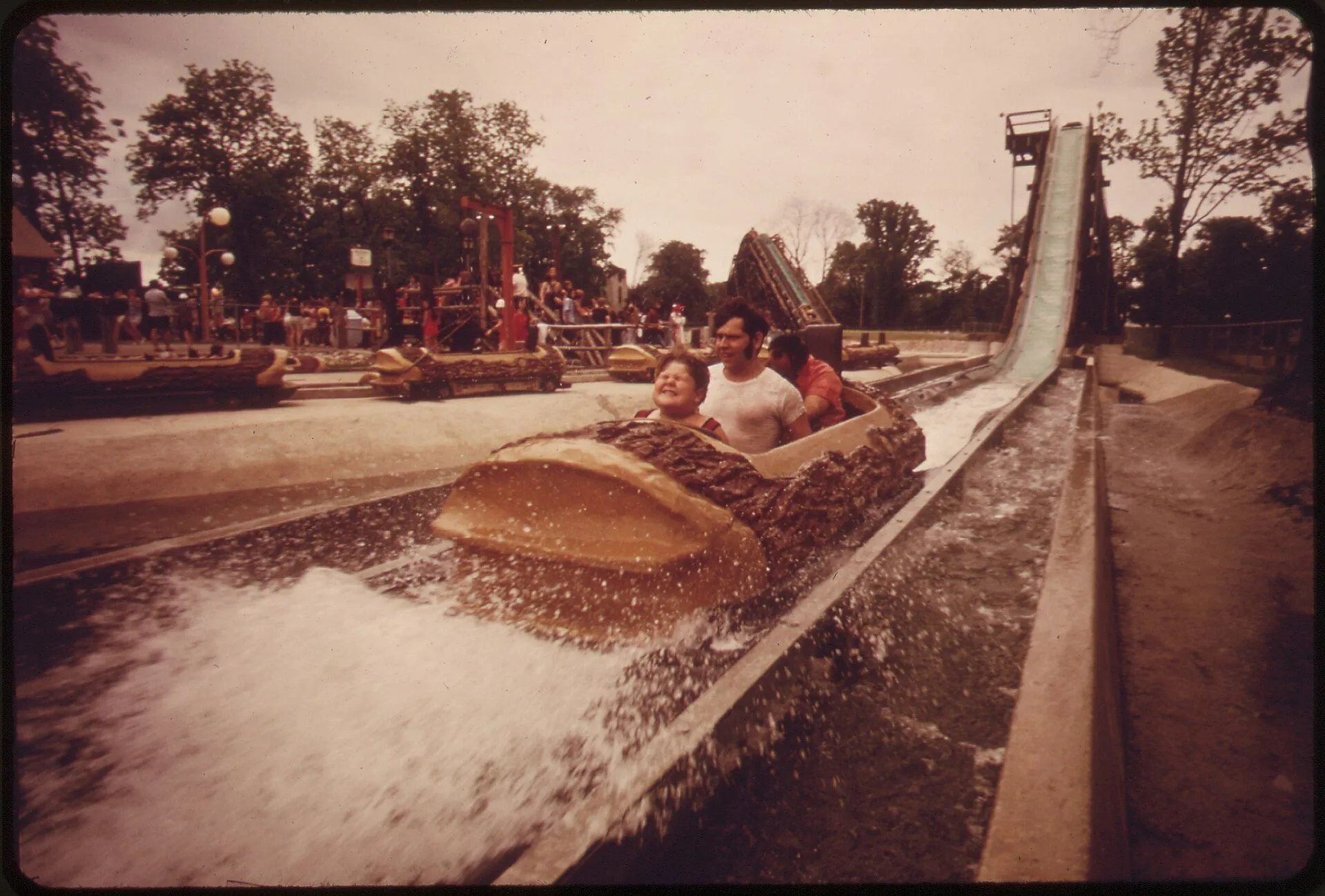 Riders on the log flume at the Bob-Lo Island amusement park, June 1973.