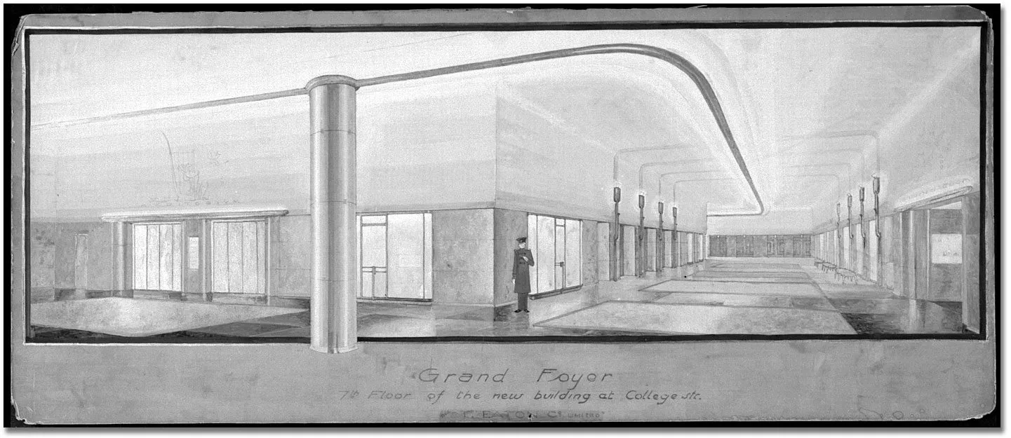 Architect's rendering of the Grand Foyer on the seventh floor of Eaton's College Street store, Toronto, about 1928–1930.