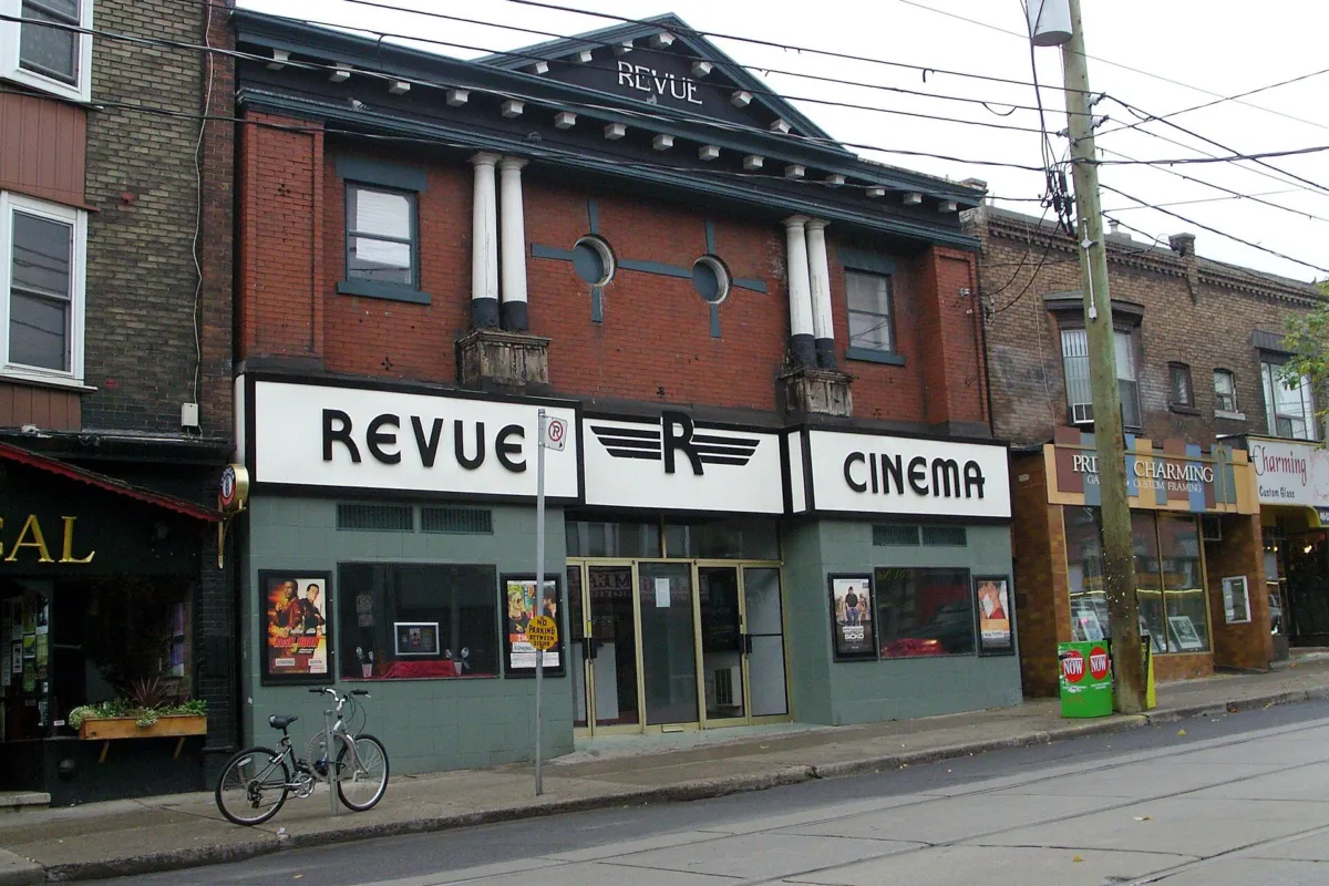 The Revue Cinema on Roncesvalles Avenue, Toronto, in October 2007, with temporary signage.