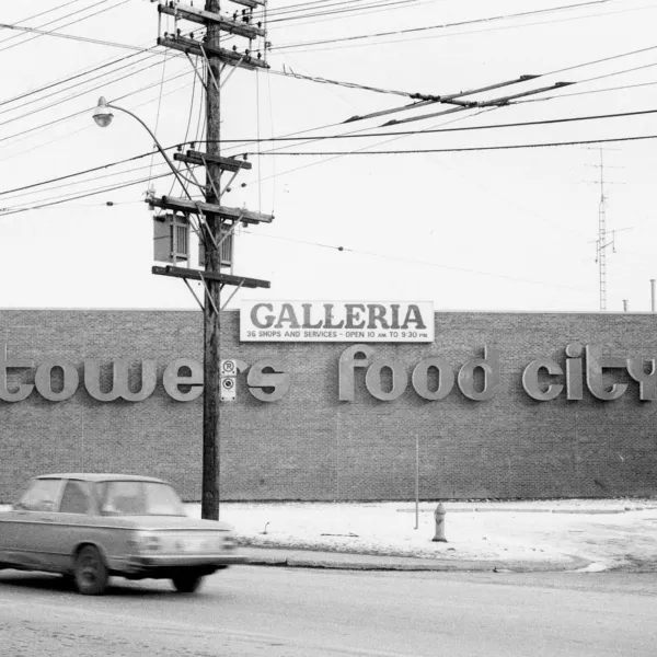Signs for Towers and Food City at the Galleria shopping centre on Dupont Street, Toronto, 1980.